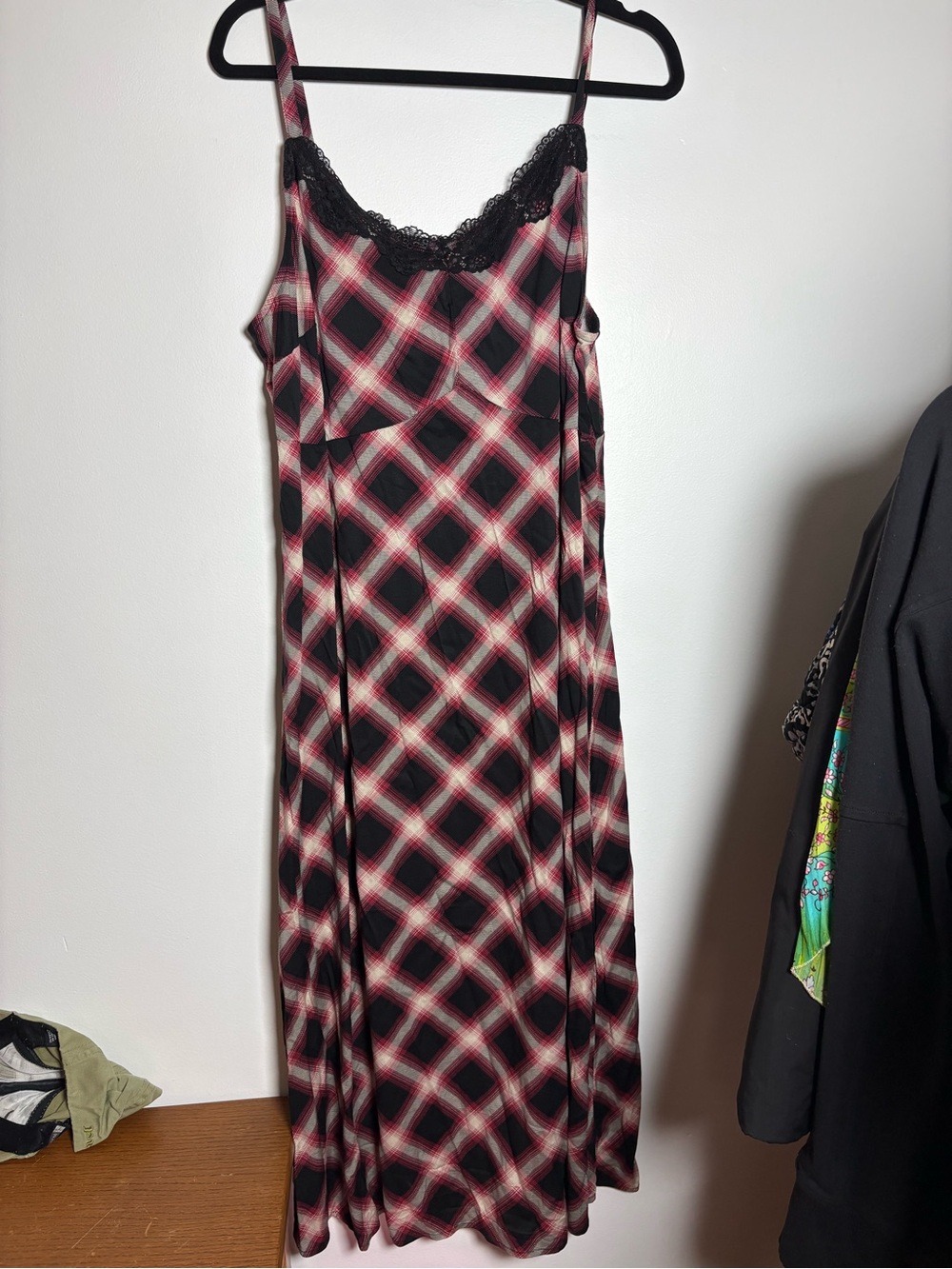 torrid Black and Pink Plaid Lace-Trim Maxi Slip Dress